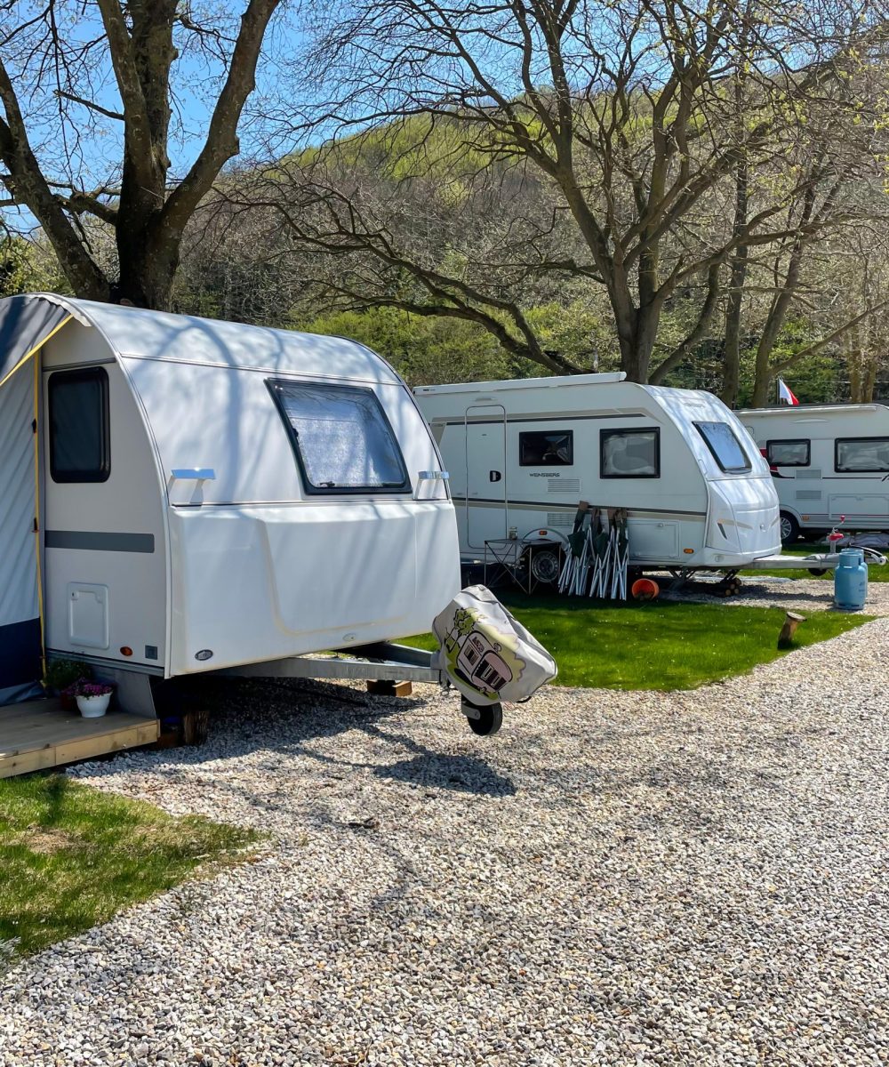 Caravan campsite with travel trailers in a row. Riva, Istanbul, Turkey – April 04, 2022 Caravan campsite with travel trailers in a row. Riva, Istanbul, Turkey - April 04, 2022.